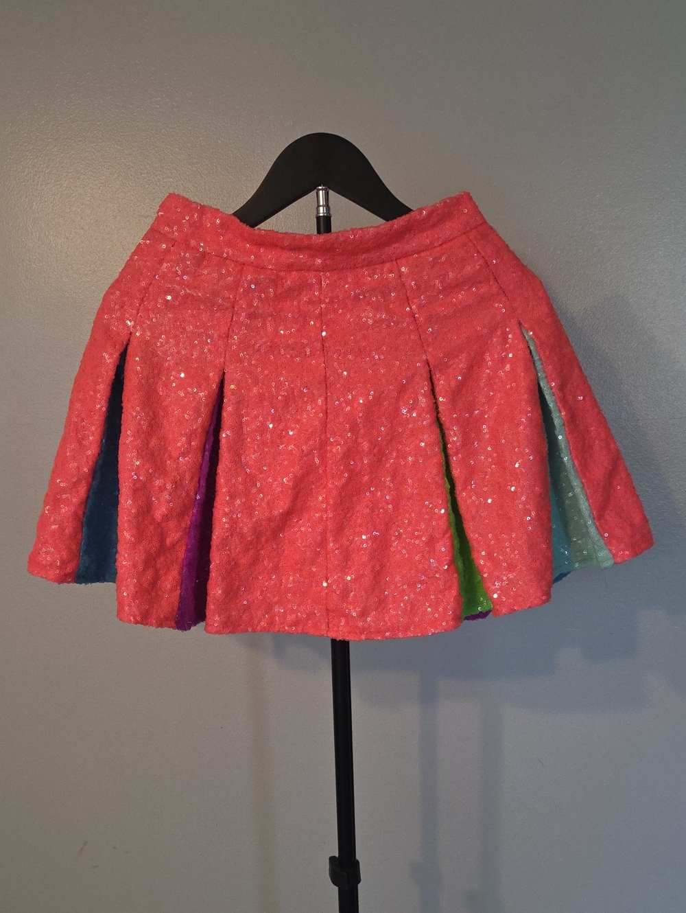 QUEEN OF SPARKLES Coral Sequin Circle Skort with Rainbow Panels